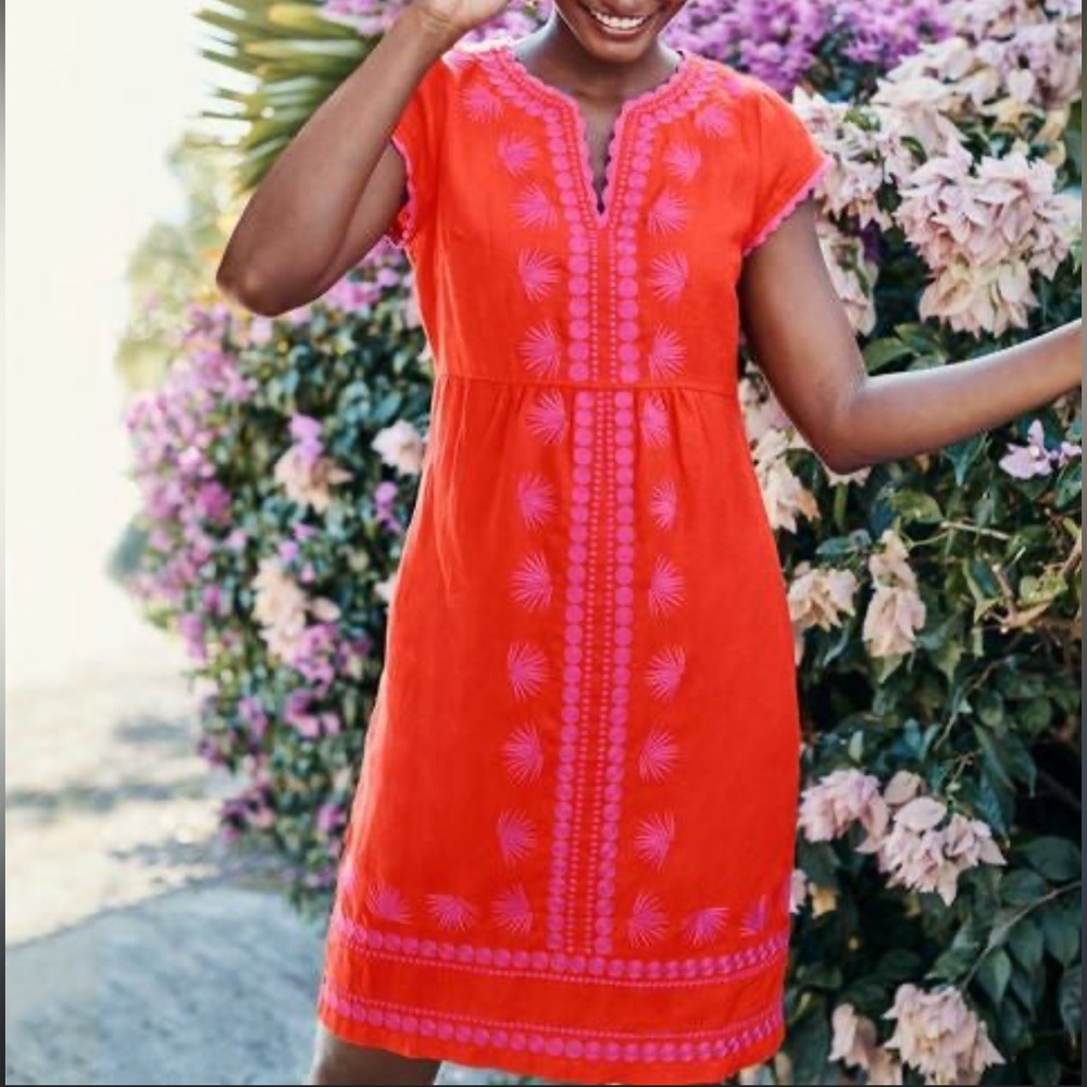 Boden 4 Petite Linen Embroidered Floral Mini Dress Orange Pink Boho Coastal